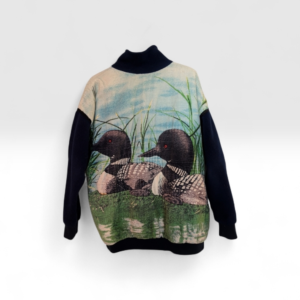 One of a Kind Upcycled Fleece Jacket with Loon Wildlife Print
